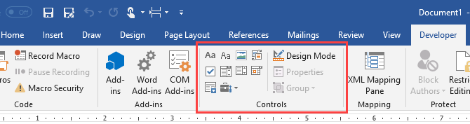 Kontrollavsnitt på fliken Utvecklare i Microsoft Word