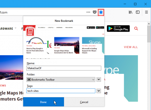 Ny popup-dialogruta för bokmärke i Firefox