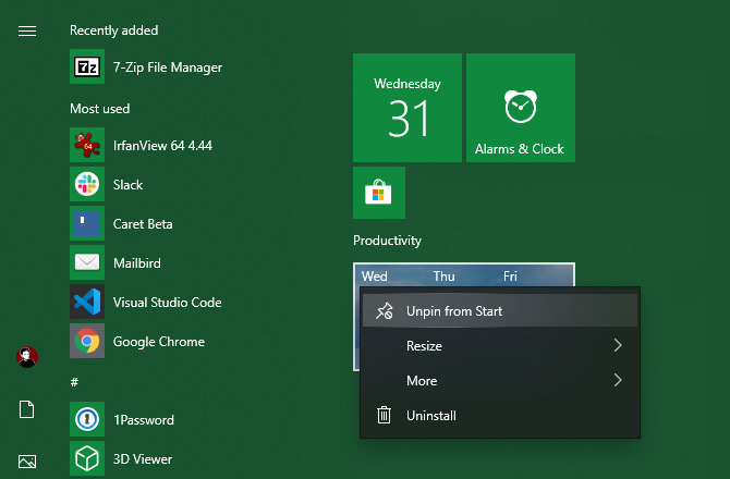 Windows 10 Unpin Start Tile