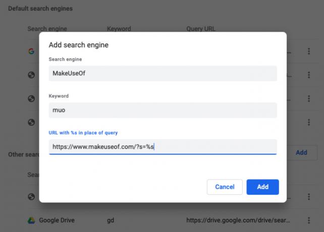 Chrome-inställningar popup för att lägga till sökmotor