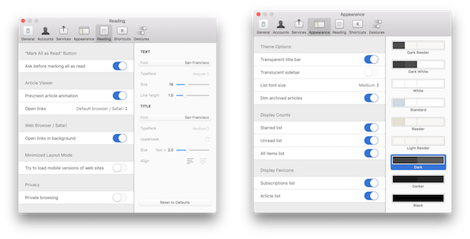 Mac RSS Readers Reeder-inställningar