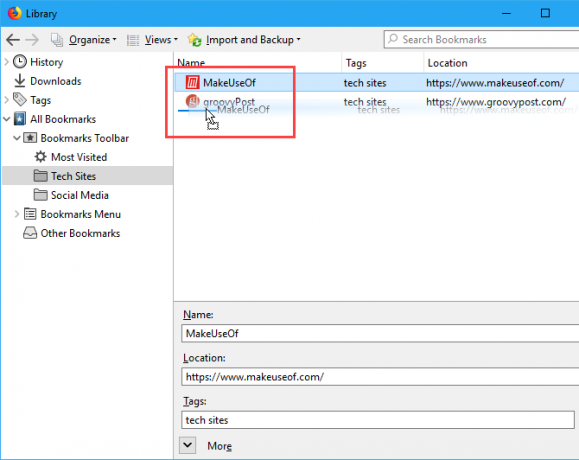 Sortera bokmärken manuellt i dialogrutan Bibliotek i Firefox