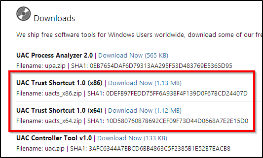 Sluta irritera UAC-förfrågningar - Hur man skapar en användarkonto Kontrollvittlista [Windows] UAC Trust Shortcut Download Page