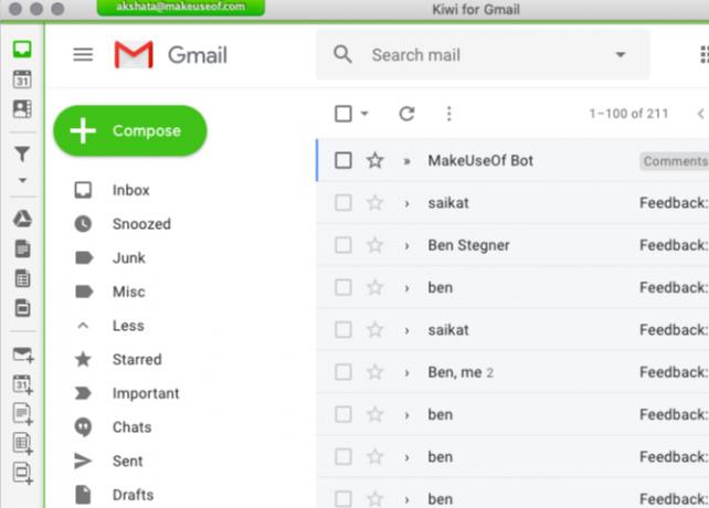 Kiwi för Gmail: s standard inkorggränssnitt på Mac