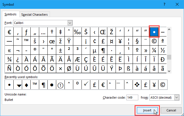 Välj en punkt i dialogrutan Symbol i Excel