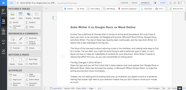 Zoho-writer-vänster sidebar-pictures-and-tabeller helskärm