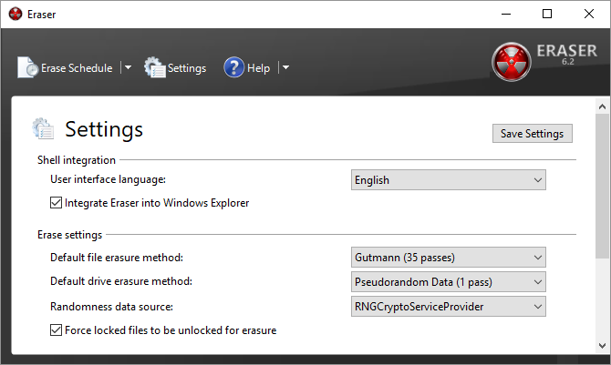 Detta är en skärmdump av ett av de bästa Windows-programmen. Det kallas Eraser-skrivfiler