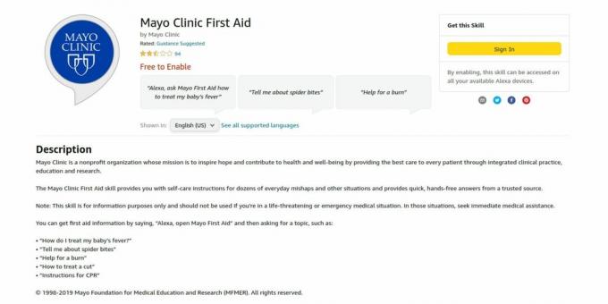 Skärmdump av Mayo Clinic First Aid Alexa färdighetswebbsida