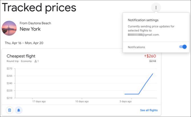 Meddelanden om spårade priser från Google Flights