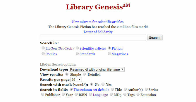 Den här skärmdumpningen visar den kostnadsfria e-bokförsäljaren Library Genesis huvudmeny