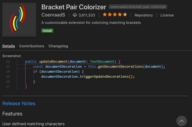 Bracket Pair Colorizer-förlängning för Visual Studio Code