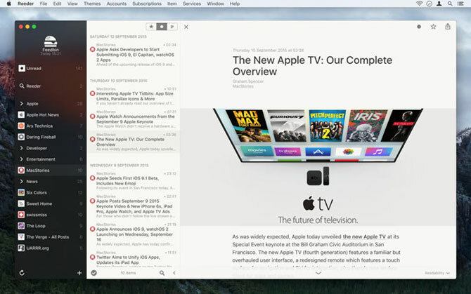 Reeder RSS-läsargränssnitt på Mac