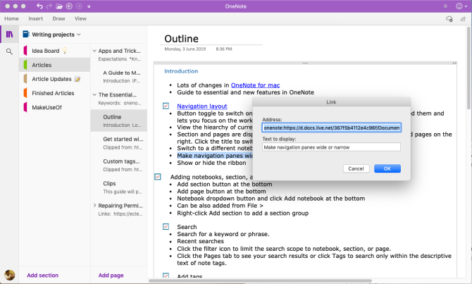 infoga länken till OneNote-sidan