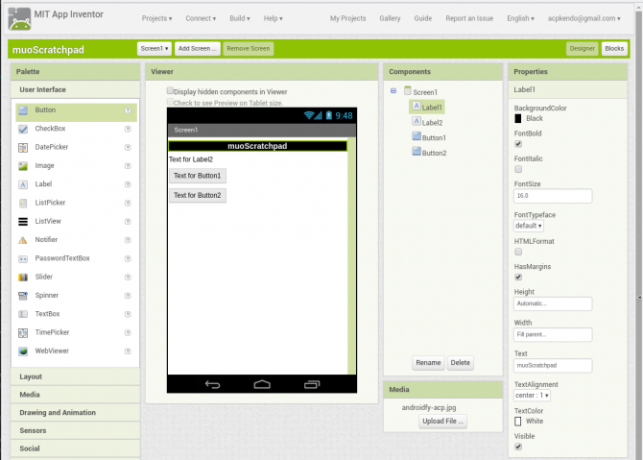 android skapa app appinventor screen1 labelconfig