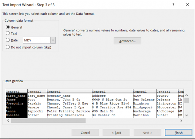 Kolumndataformat i Excel's Text Import Wizard