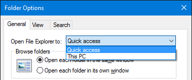Windows 10 File Explorer Allmänna mappalternativ