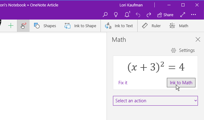 Klicka på Bläck till matematik på fliken Rita