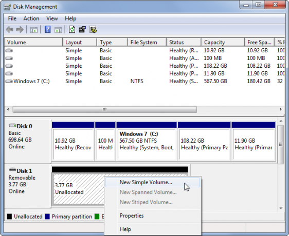 Windows Disk Management Ny enkel volym