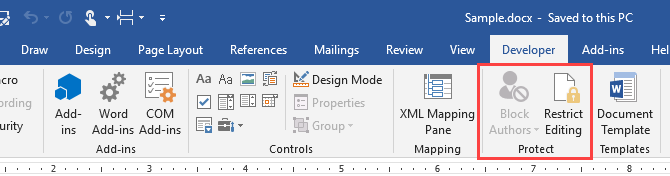 Skydda avsnittet på fliken Utvecklare i Microsoft Word