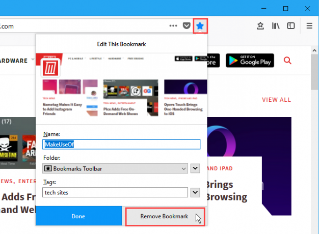 Klicka på Ta bort bokmärke i dialogrutan Redigera denna bokmärke i Firefox
