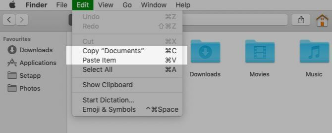 Kopiera och klistra in menyalternativ i Finder på Mac
