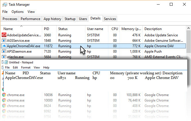 Hur man kopierar uppgiftshanteraren till Notepad Runnin Process