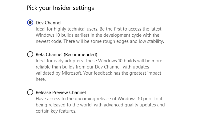 ändra Windows insider utvecklingsväg