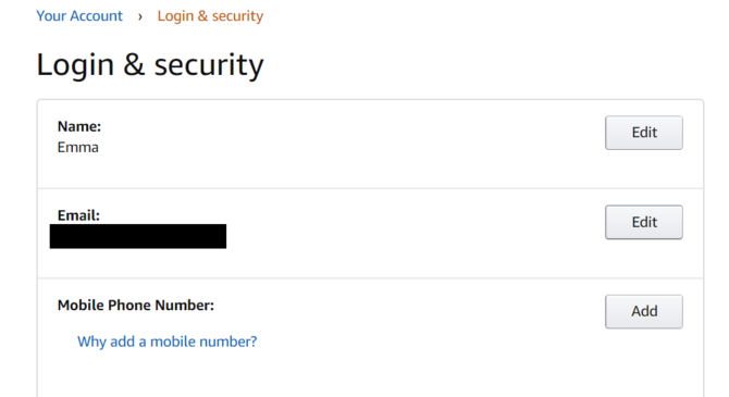 Amazon Säkerhetsinställningar Radera telefonnummer