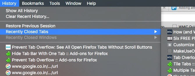 firefox stängde nyligen flikar