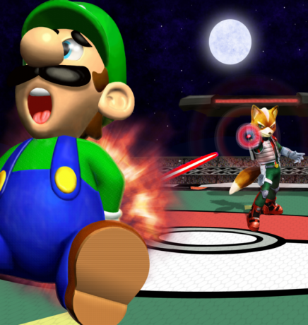 Luigi attackeras av räven i Smash Bros.