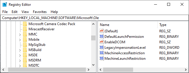 dcom-fel 10016 windows registry ole