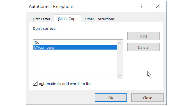 AutoCorrect Undantag Windows