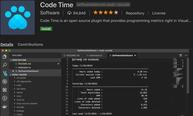 Code Time-förlängning för Visual Studio Code