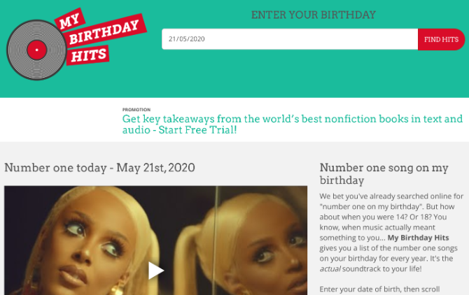 My Birthday Hits skapar en spellista med topplistor över dina födelsedagar varje år