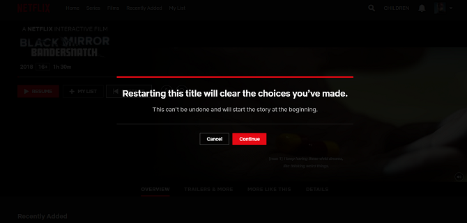 Netflix Black Mirror: Bandersnatch omstart dialog