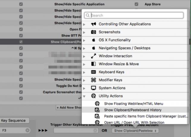 Lista med förinställda åtgärder i BetterTouchTool på macOS