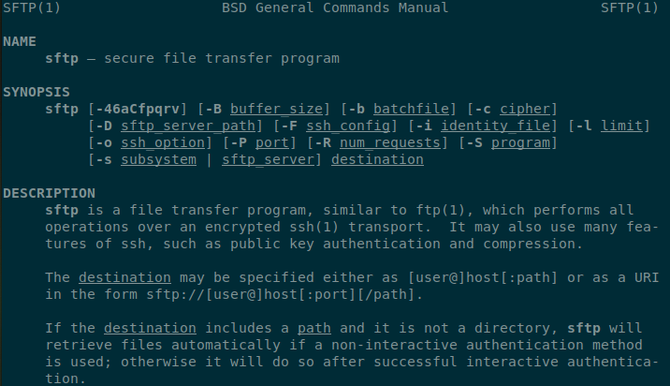 SFTP-manual öppet i en Linux-terminal