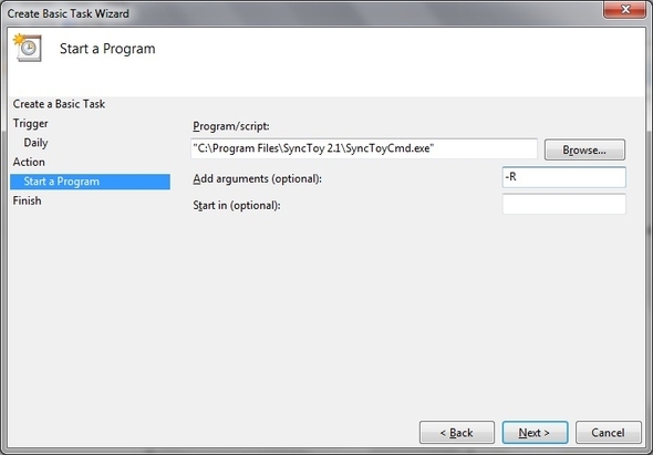 SyncToy: Microsofts enkla säkerhetskopierings- och synkroniseringslösning [Windows] Uppgiftsplanering Skapa grundläggande uppgift Åtgärd Start Program Hitta mapp