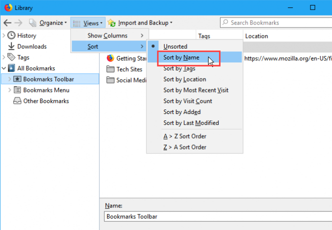 Sortera bokmärken efter namn i bibliotekets dialogruta i Firefox