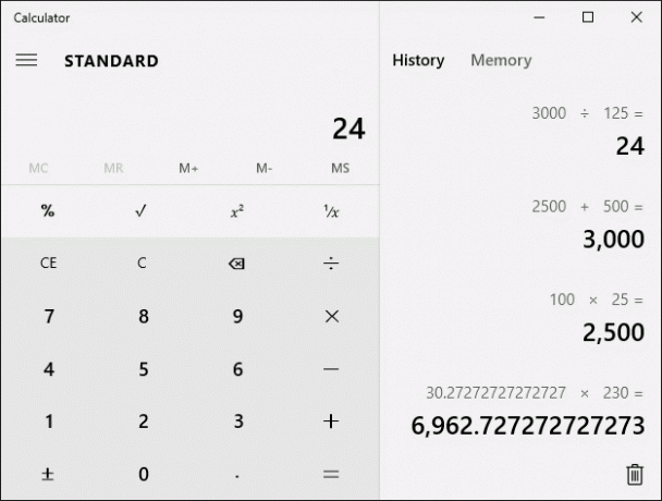 Windows 10-calc-historia-on