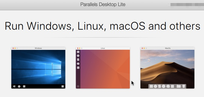 Startskärm i Parallels Desktop Lite på macOS