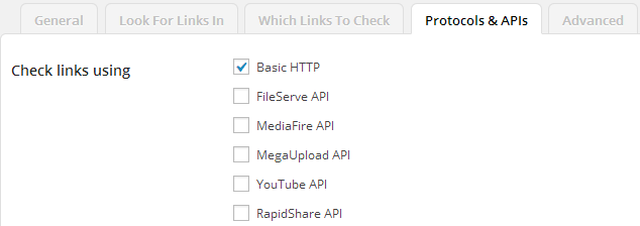 Brutna Link Checker-protokoll och apis-fliken